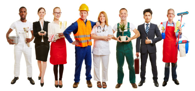 Gruppe mit vielen Berufen als Jobcenter Werbung