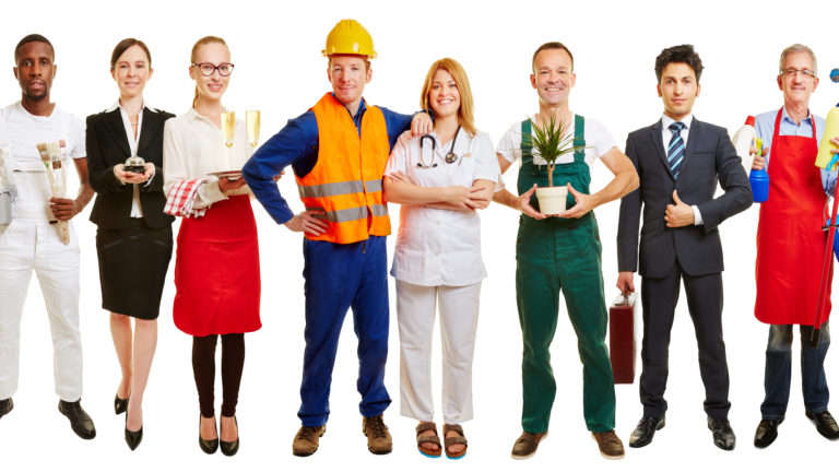 Gruppe mit vielen Berufen als Jobcenter Werbung