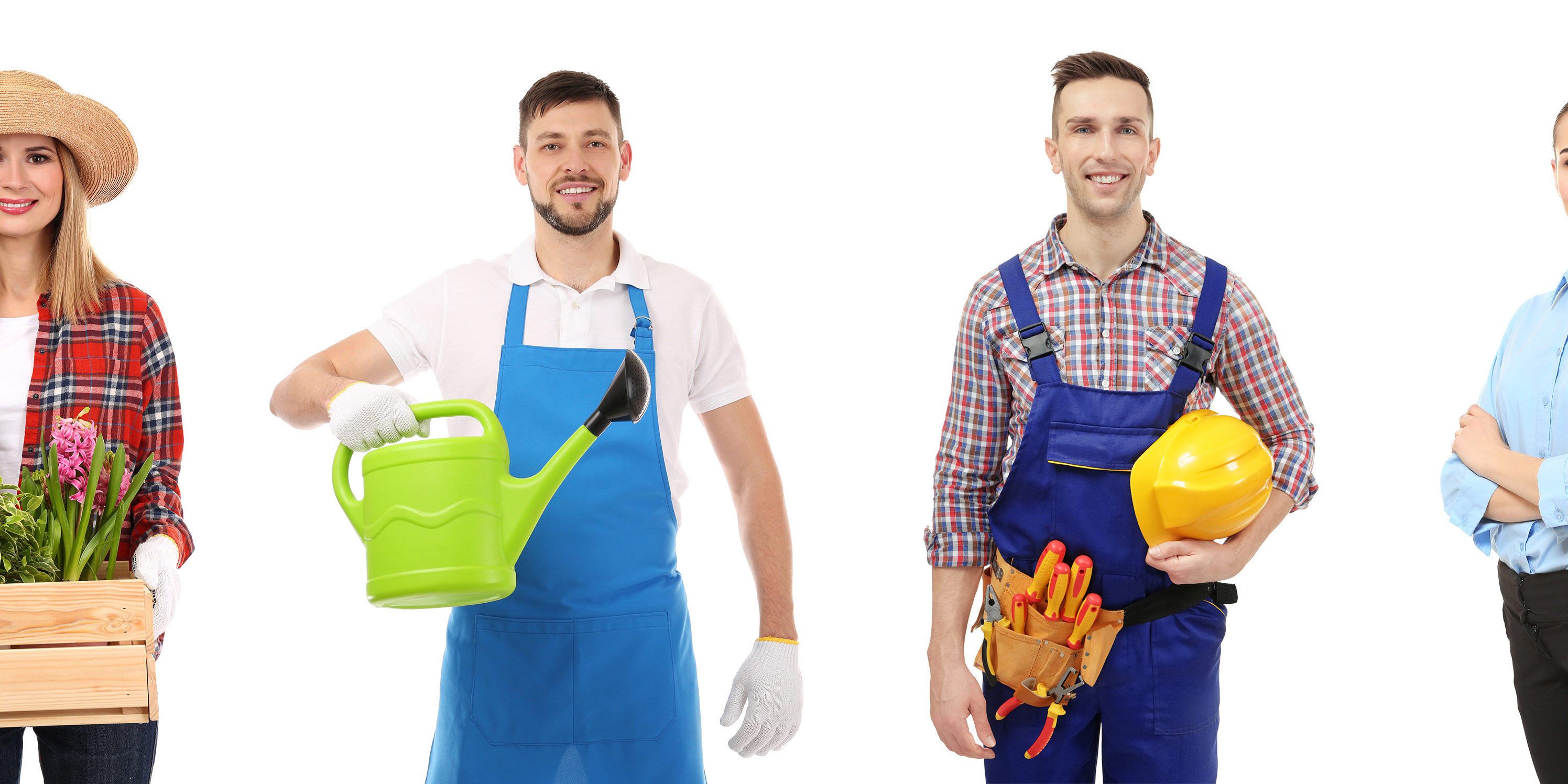 Collage with owners of different small businesses on white background