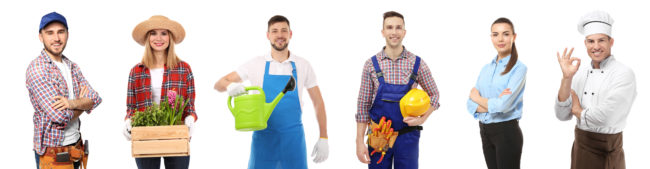 Collage with owners of different small businesses on white background