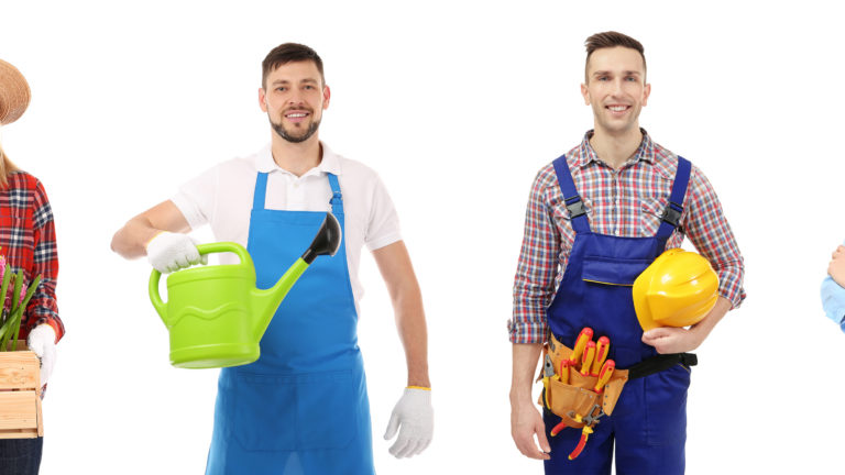 Collage with owners of different small businesses on white background