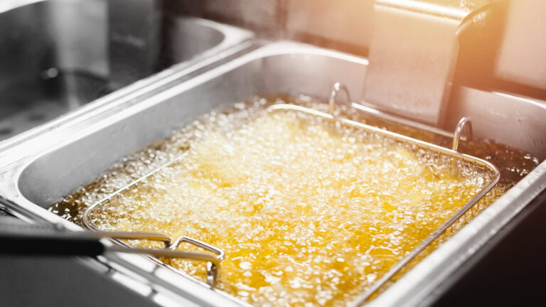 Fryer with French fries, close-up. The oil boils